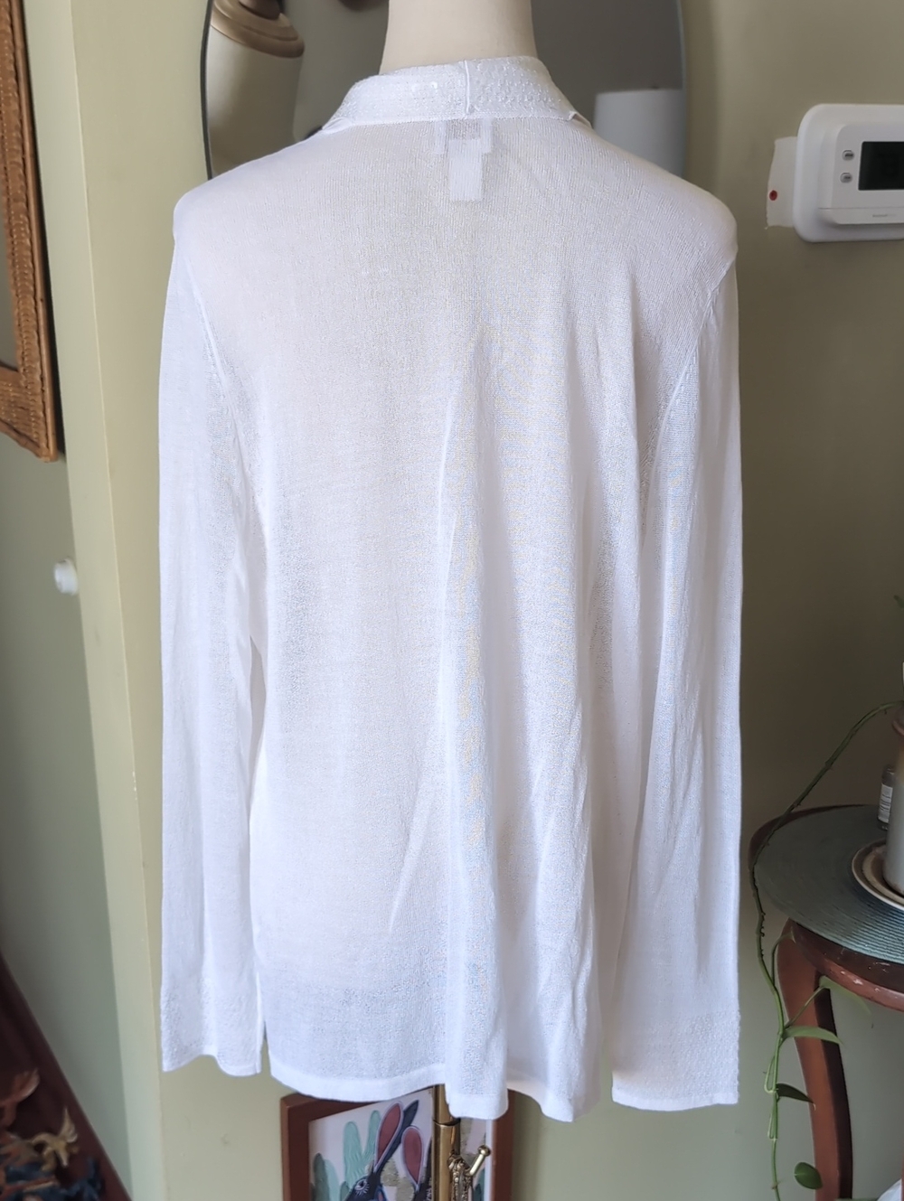 Chico's Women's Size 14 Sheer White Open-Front Sequin Trim Long Sleeve Cardigan - Picture 6 of 10